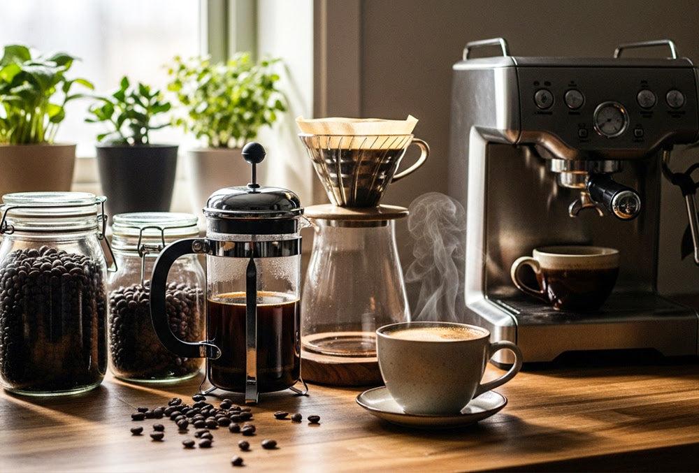 A warm cup of coffee on a kitchen counter, with a French press, pour-over dripper and espresso cup subtly visible in the background. World Safari Shops