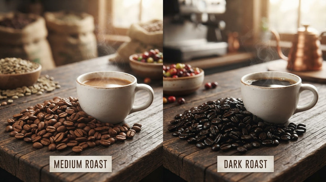 Medium roast vs. dark roast coffee beans compared side by side, with brewed cups showing lighter and darker coffee