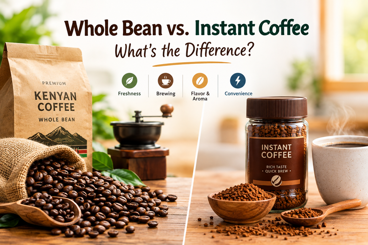 Whole bean vs. instant coffee comparison showing coffee beans, grinder, and instant coffee jar