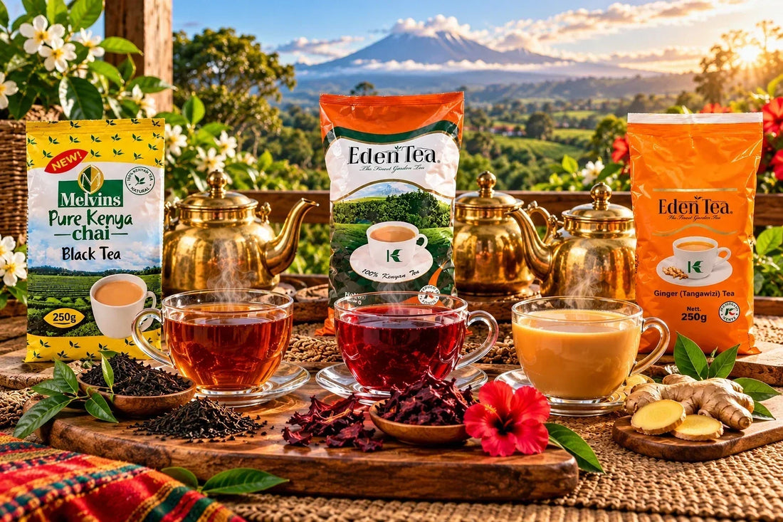 Kenyan tea collection featuring black tea, hibiscus tea, ginger chai, golden kettles, loose leaf tea, tea leaves, ginger, hibiscus flowers, and premium tea packages with greenery.