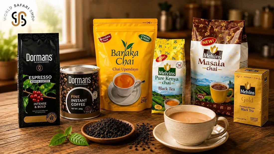 Melvins Gold, Dormans Premium, and Eden Tea Kenyan black tea boxes arranged beside a freshly brewed cup of Kenyan milk chai, showing Kenyan tea brands sold across the United States