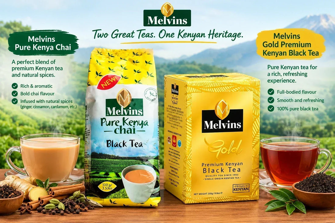 Melvins Pure Kenya Chai and Gold Premium Kenyan Black Tea side by side. Available online at World Safari Shops both at Retail & Wholesale Prices