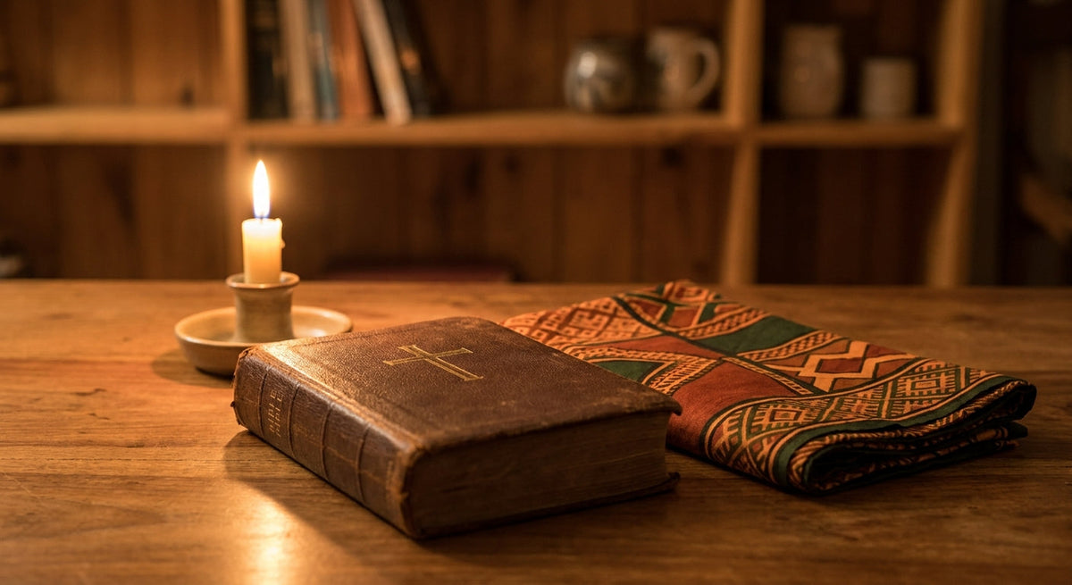 A leather-bound Bible resting on a wooden surface beside a glowing candle and folded East African kanga fabric in warm earth tones, evoking faith, heritage, and diaspora connection.