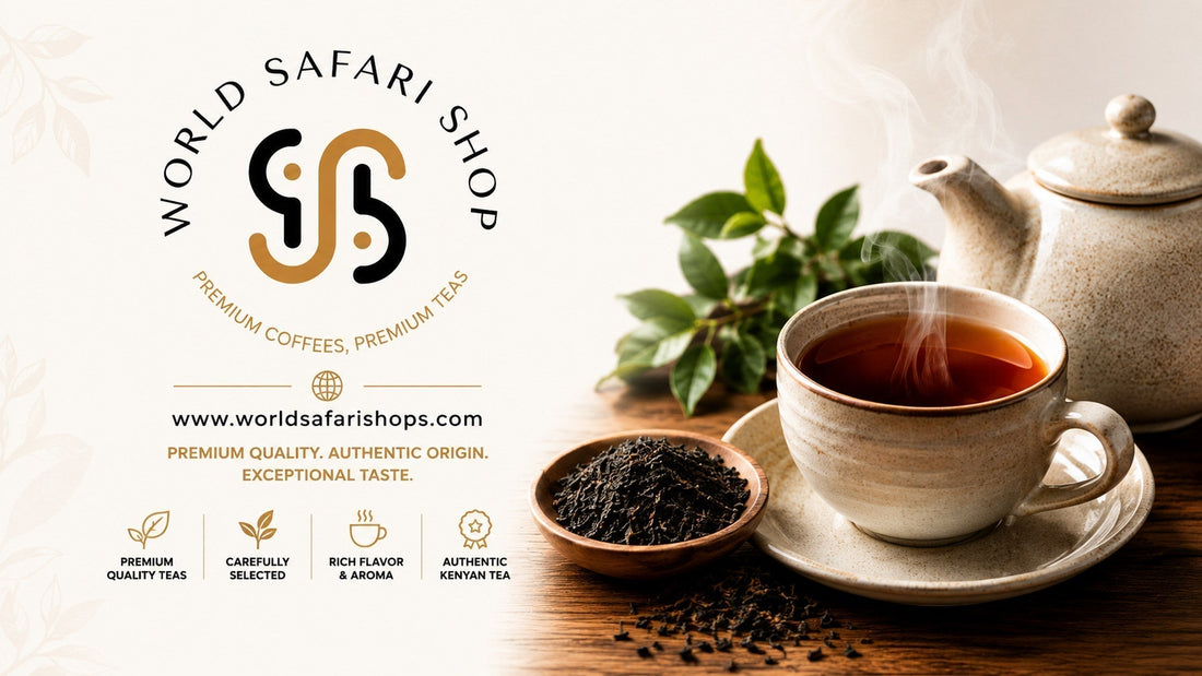 Premium Kenyan tea banner with freshly brewed black tea, loose leaf tea, ceramic teapot, tea leaves and World Safari Shops branding