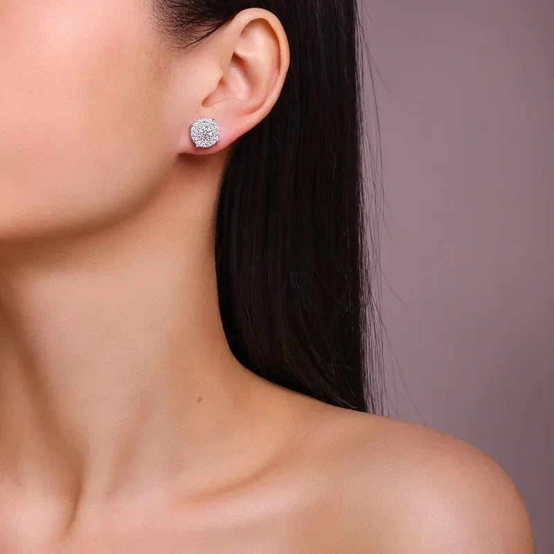 Pavé Cushion Halo Moissanite Stud Earrings in Sterling Silver