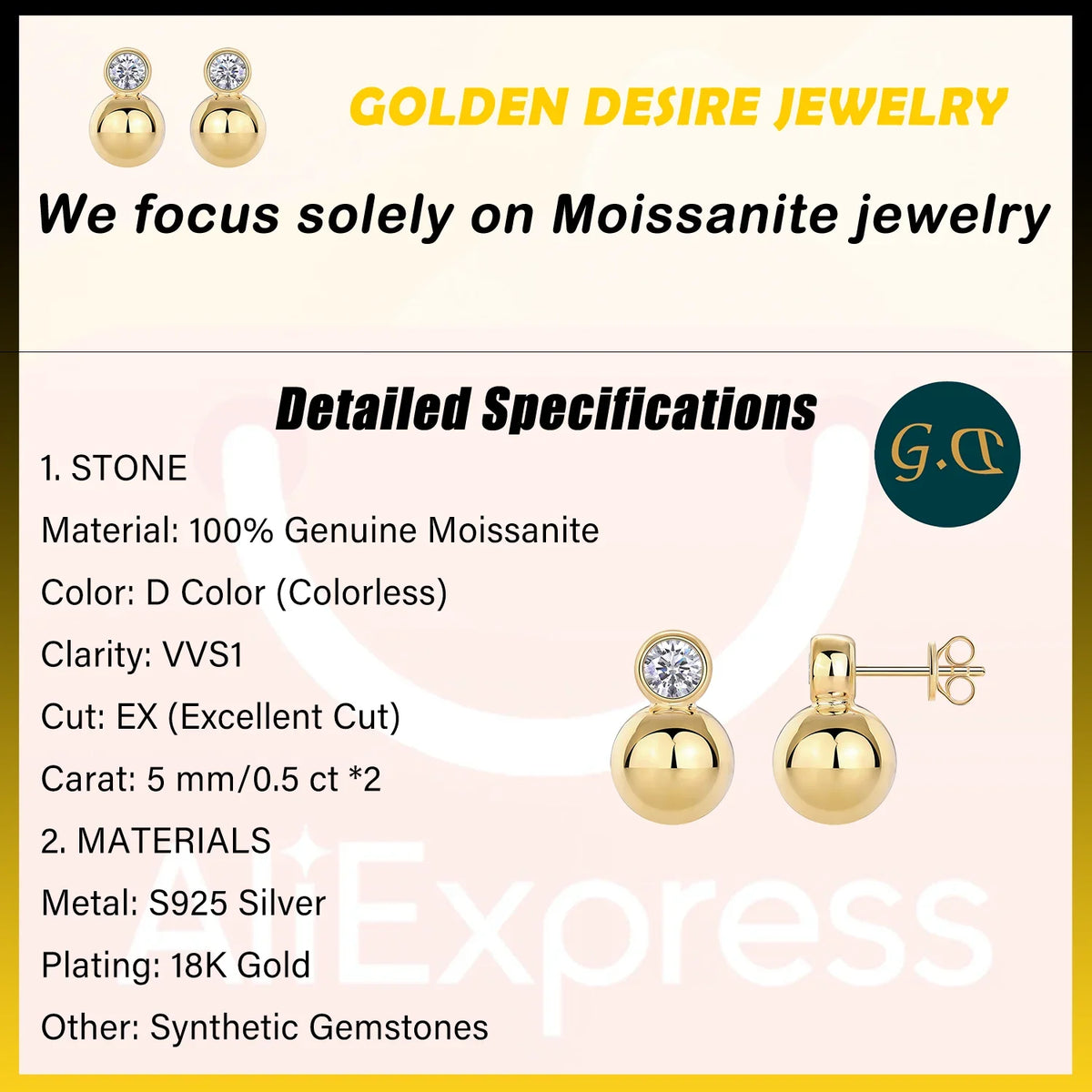 Gold-Tone Moissanite Orb Stud Earrings in Sterling Silver