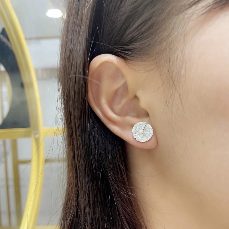 Geometric Round Pavé Moissanite Stud Earrings in Silver