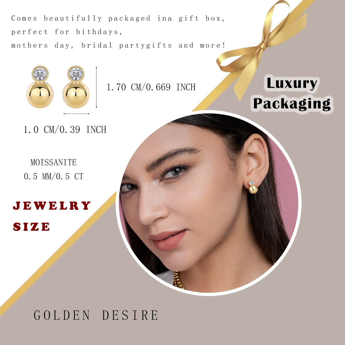 Gold-Tone Moissanite Orb Stud Earrings in Sterling Silver
