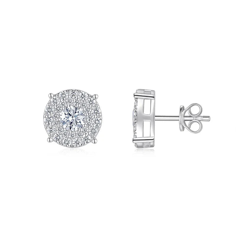 Pavé Cushion Halo Moissanite Stud Earrings in Sterling Silver