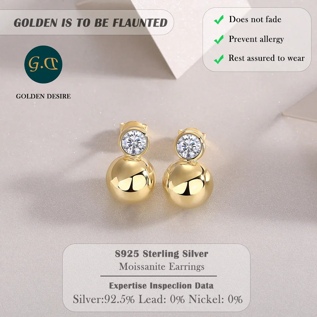 Gold-Tone Moissanite Orb Stud Earrings in Sterling Silver