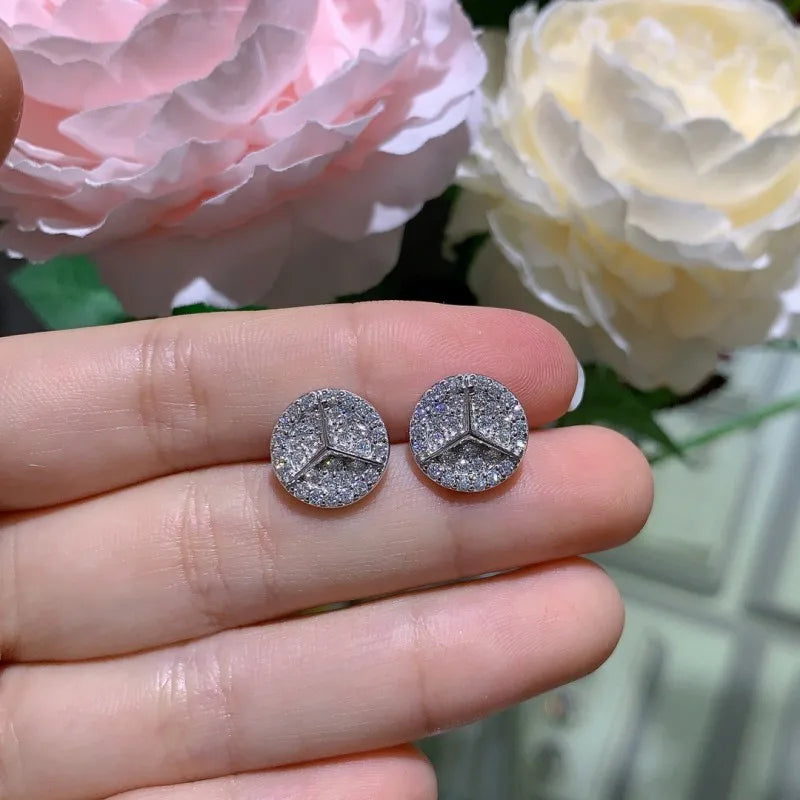Geometric Round Pavé Moissanite Stud Earrings in Silver