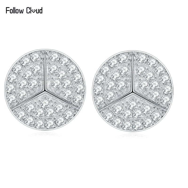 Geometric Round Pavé Moissanite Stud Earrings in Silver