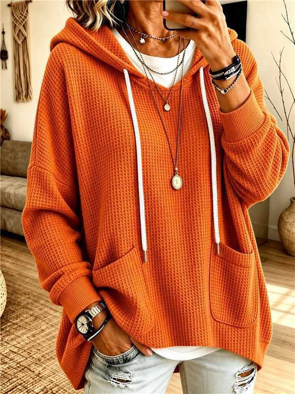 2026 European And American Women's Clothing Amazon Independent Station Waffe Loose Long Sleeve Hoodie Casual Hooded