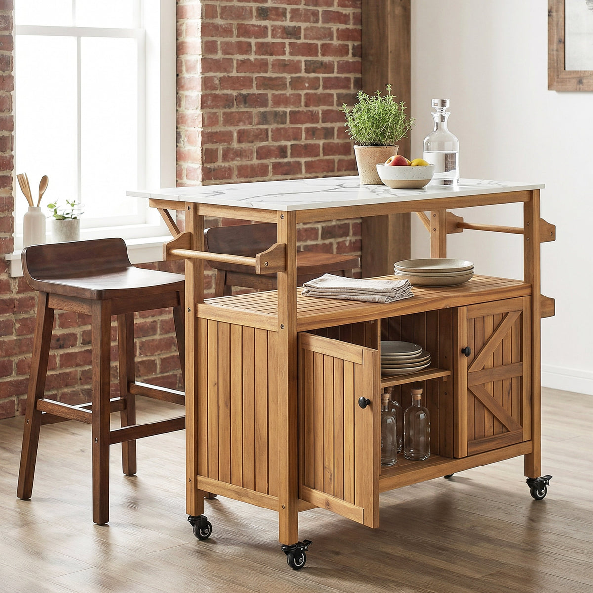 Outdoor Patio Acacia Wood Bar Cart with Marble-Effect Aluminum Top - Natural