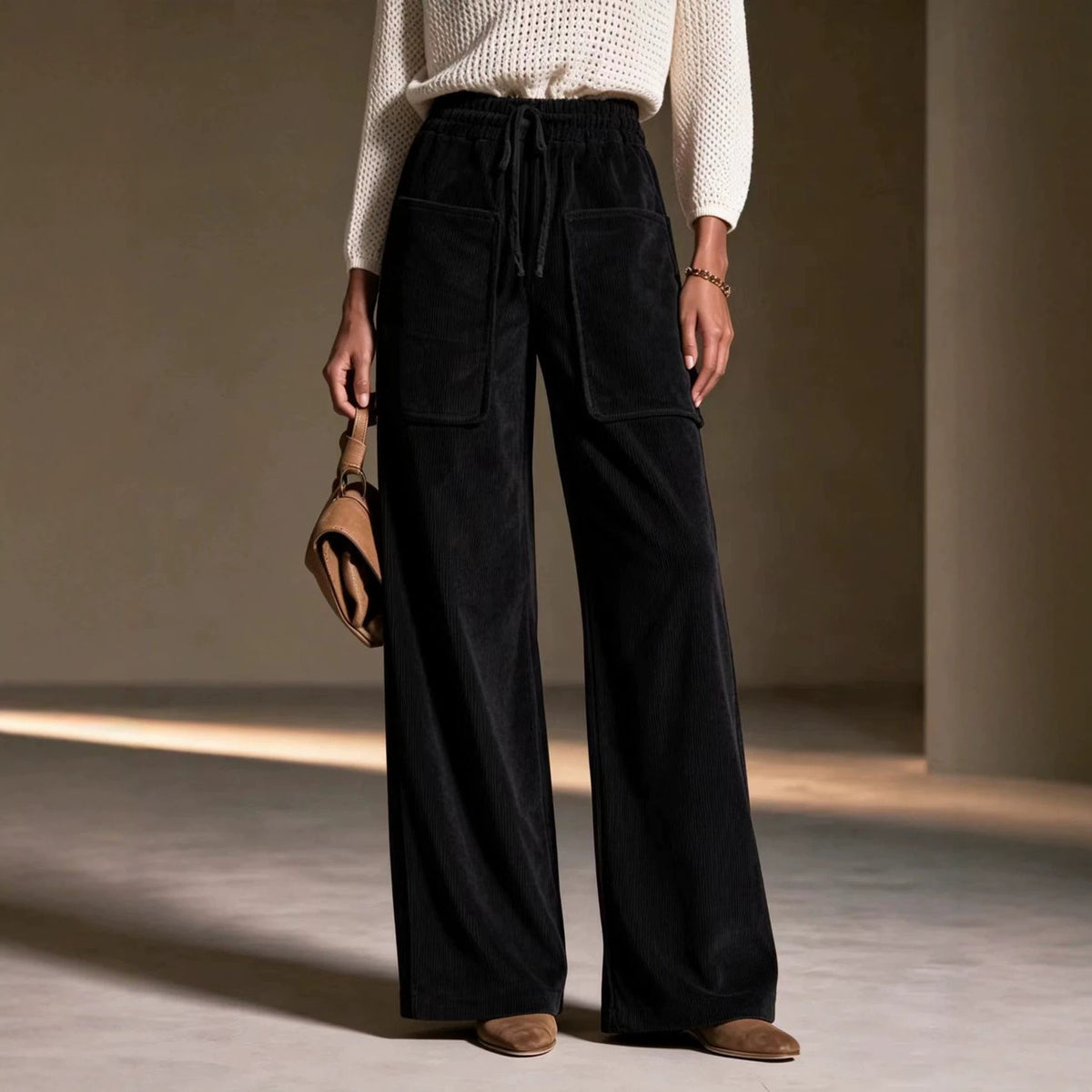 Women's High-waisted Drawstring Corduroy Wide-leg Pants