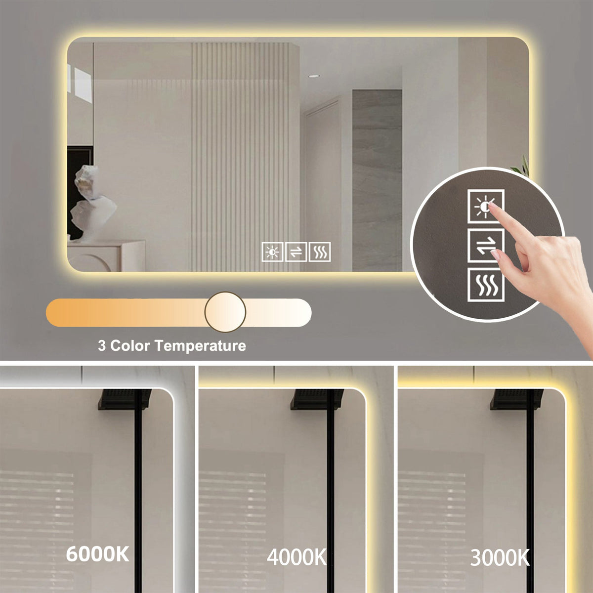 48"x24" LED Bathroom Mirror with One-Touch Demist Function