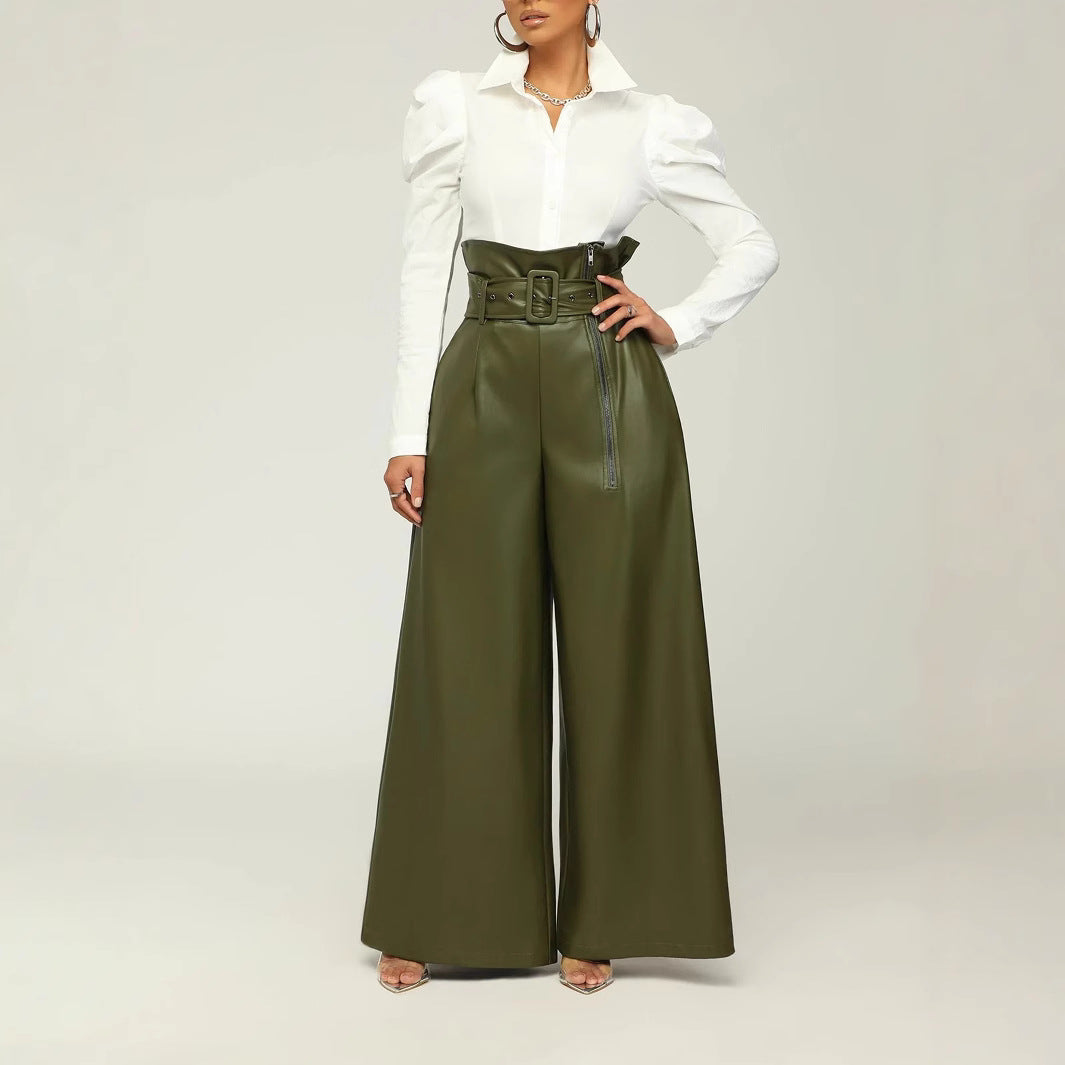 Women's High-Waist PU Leather Wide-Leg Pants