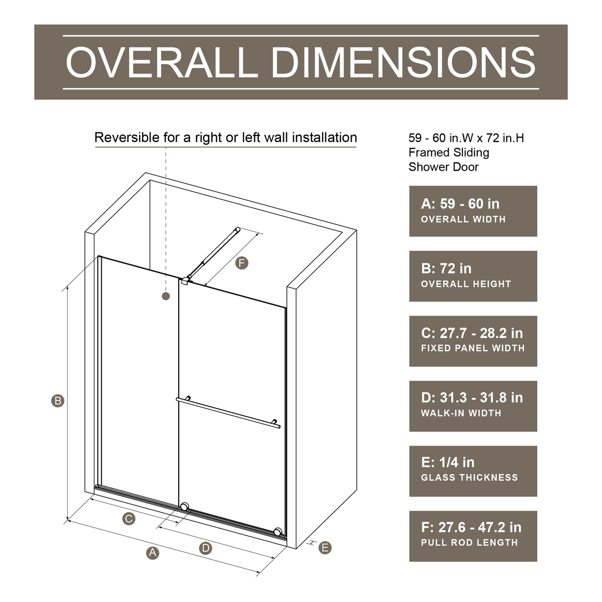 Glass Shower Door, 30 - 60 in.W x 72 in.H