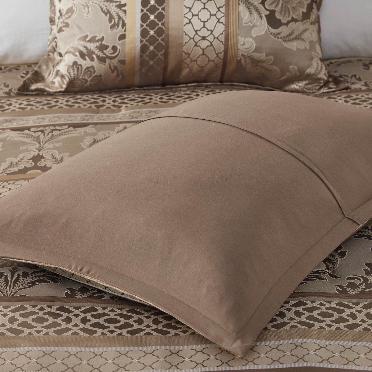 7 Piece Jacquard Comforter Set with Decorative Pillows - Brown & Gold California King