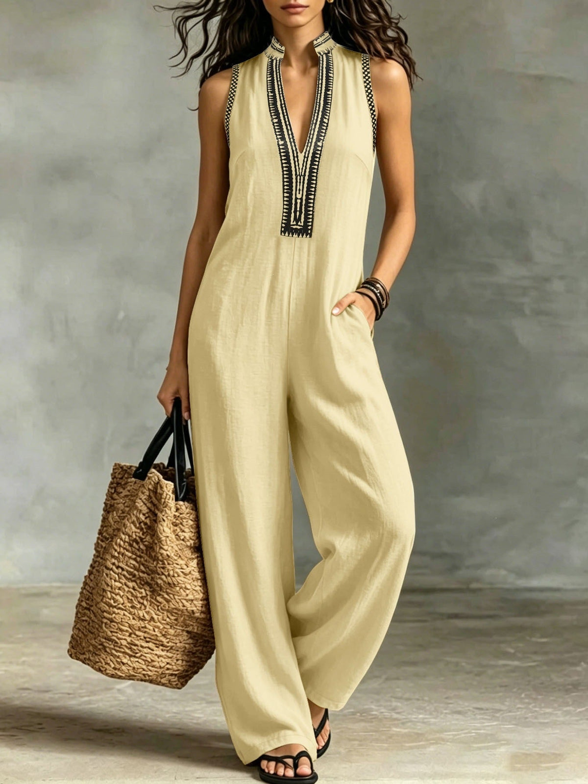 European And American Cross-border Ethnic Style Sleeveless Jumpsuit With Chest Embroidery, Stand-up Collar, Loose Wide-leg Design, And Pockets, Suitable For Vacation