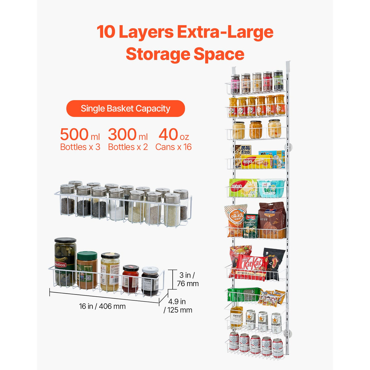 10-Tier Over The Door Pantry Organizer with Adjustable Storage - Carbon Steel