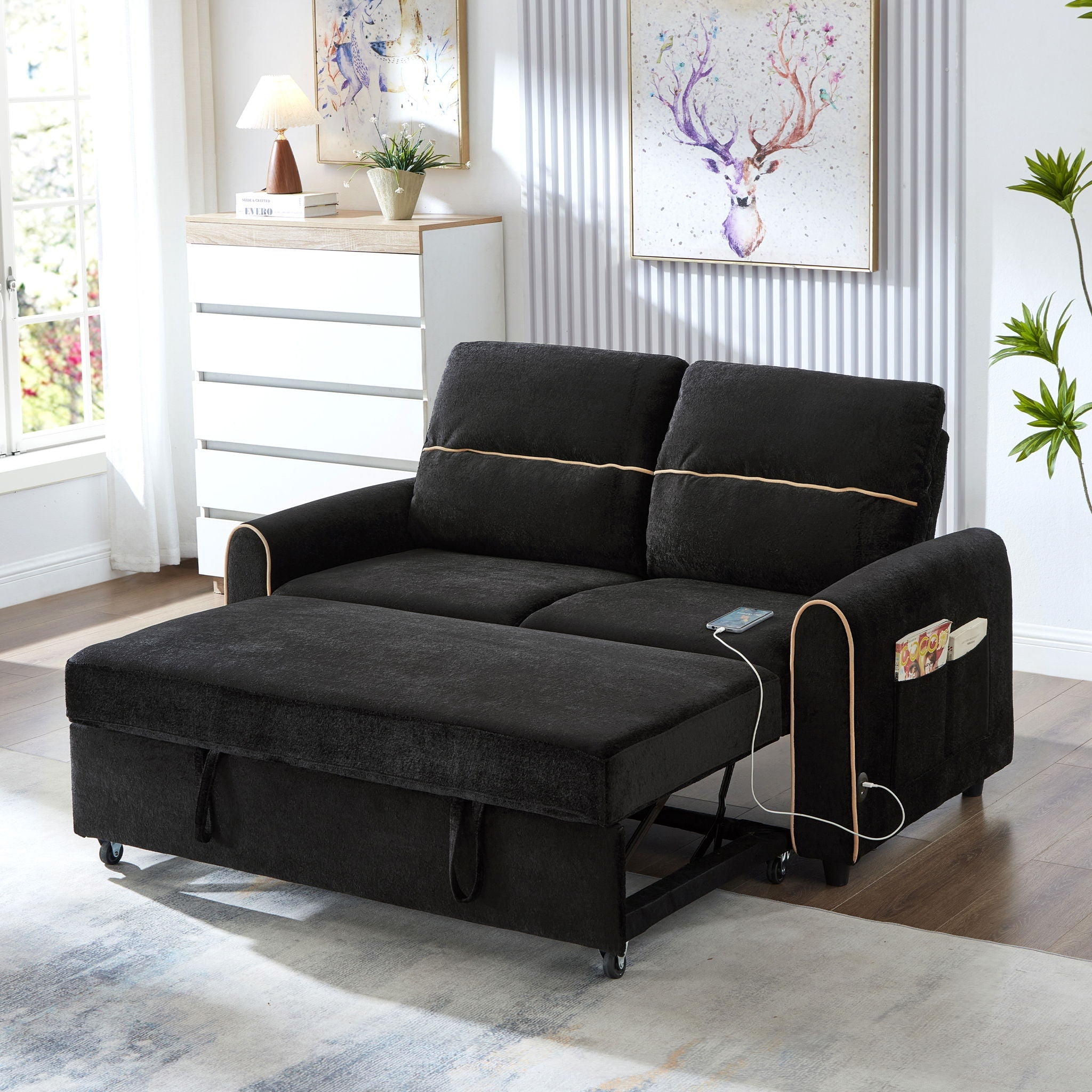 Pull Out Sofa Bed With Adjustable Backrest And USB Charging Ports