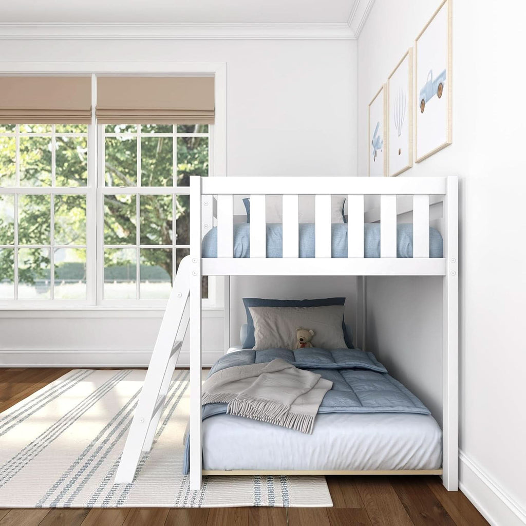 White Twin Low Bunk Bed Solid Wood Frame For Kids Safe