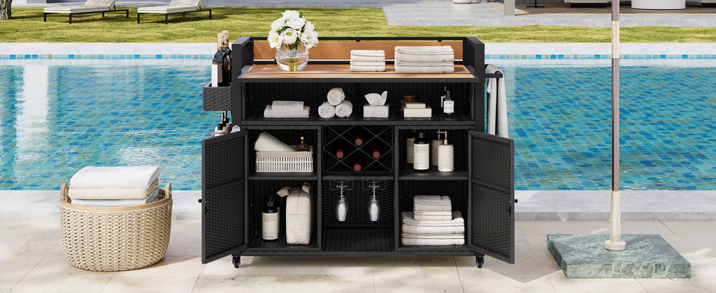 Wicker Outdoor Grill Cart with Extended Table Top and Storage Cabinet - Black Brown or Grey