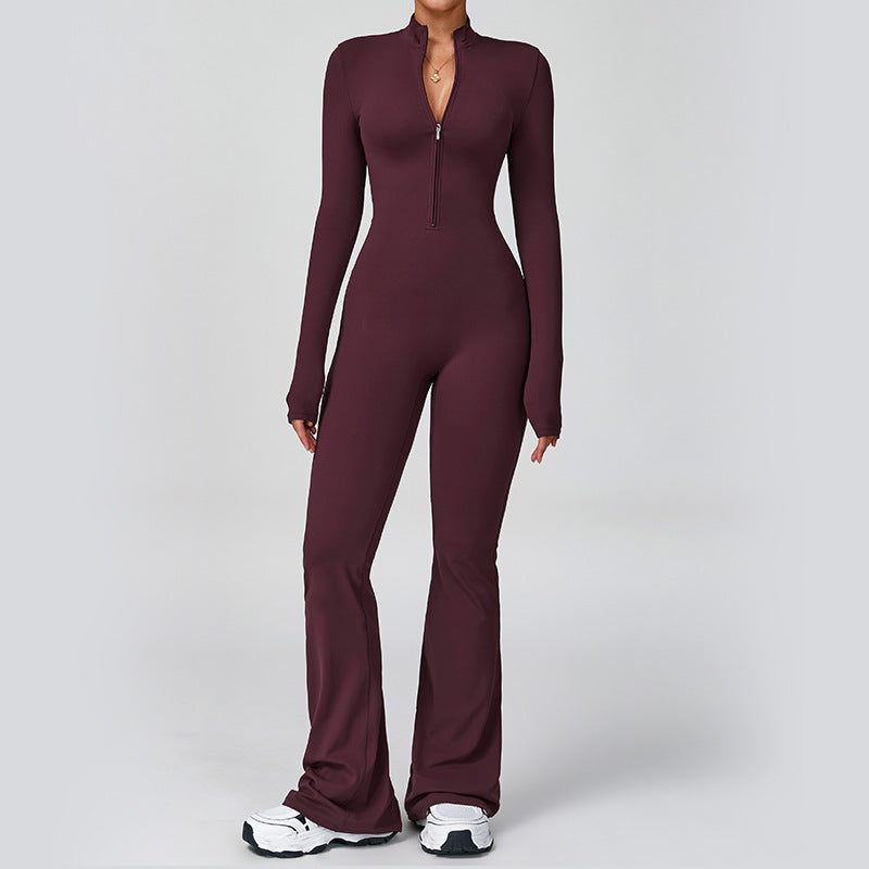 Cross-Border Zippered Cloud-Like Long-Sleeved Yoga Jumpsuit High-Intensity Fitness All-In-One Bodysuit 2012