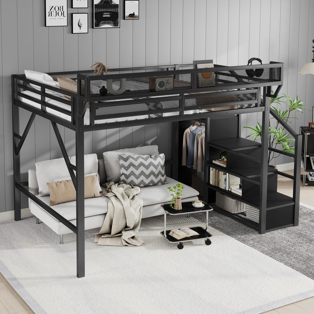Queen Size Loft Bed with Stairs, Metal Loft Bed with Storage Shelves