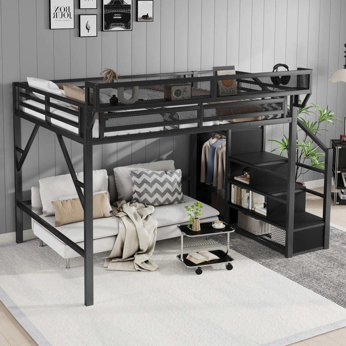 Queen Size Loft Bed with Stairs, Metal Loft Bed with Storage Shelves