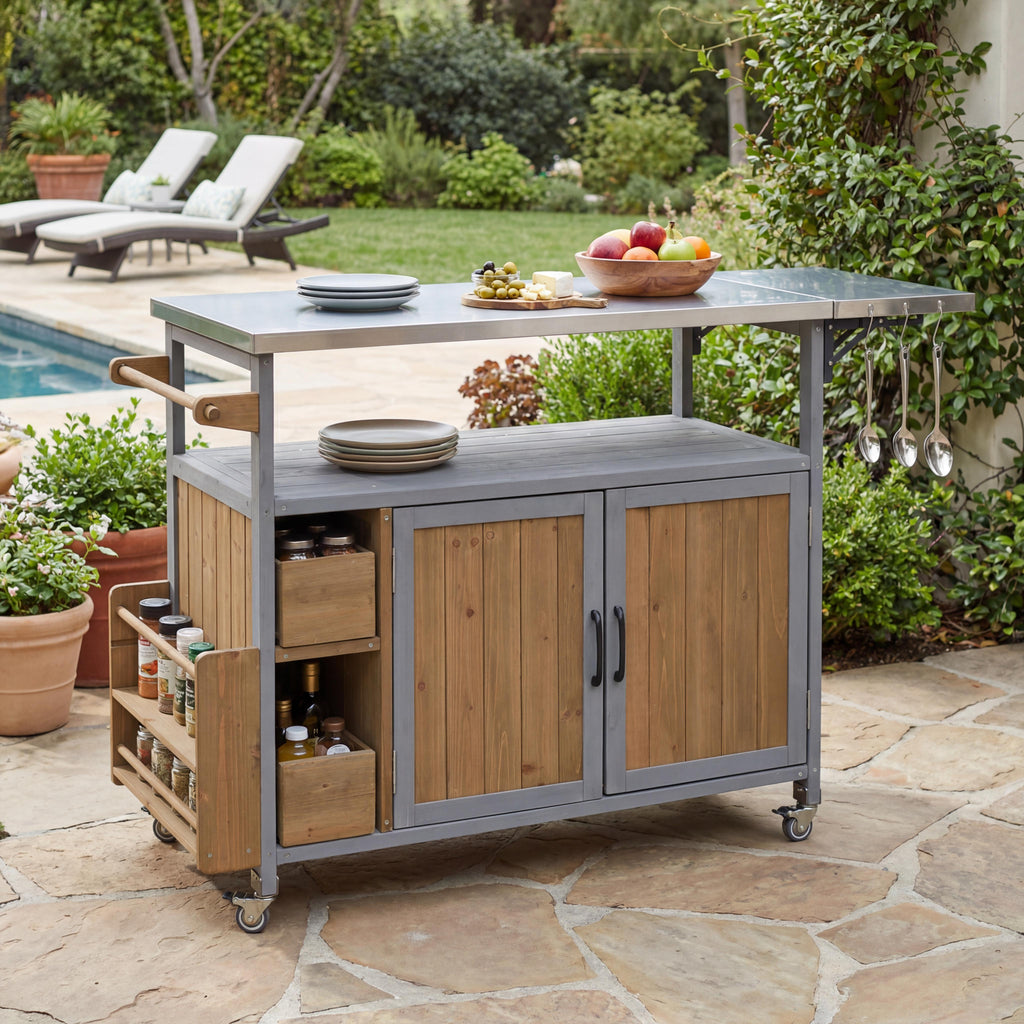 Farmhouse Rolling Outdoor Kitchen Cart with Stainless Steel Top - Blue Gray & Walnut