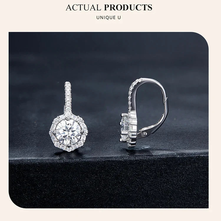 Round Halo Moissanite Leverback Earrings in Silver
