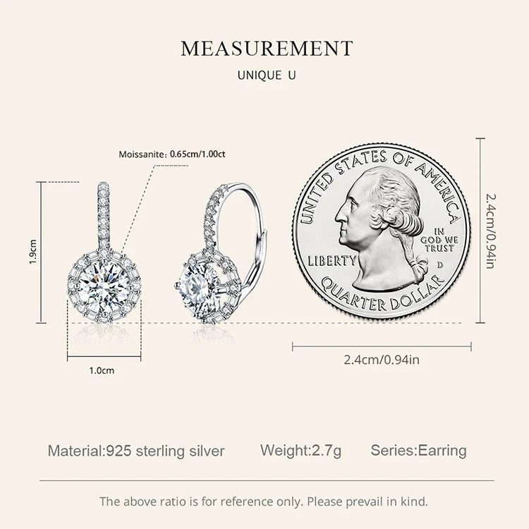 Round Halo Moissanite Leverback Earrings in Silver
