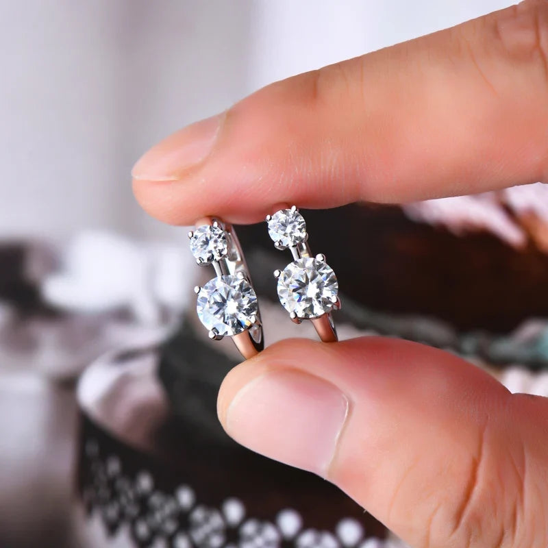 Graduated Two-Stone Moissanite Hoop Earrings in Sterling Silver