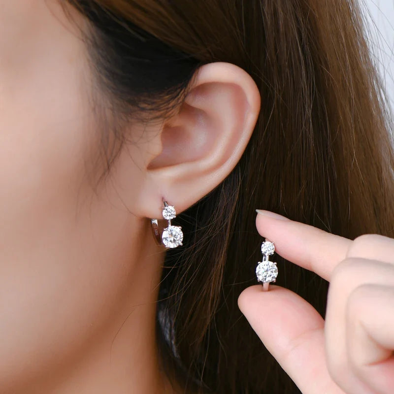 Graduated Two-Stone Moissanite Hoop Earrings in Sterling Silver