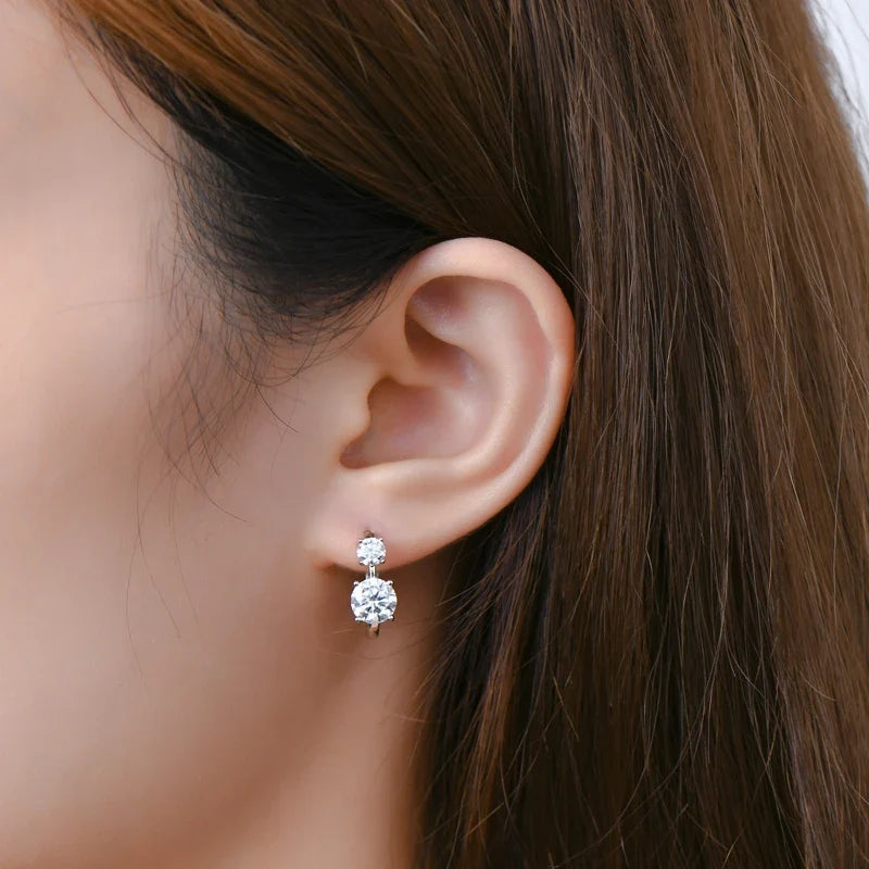 Graduated Two-Stone Moissanite Hoop Earrings in Sterling Silver