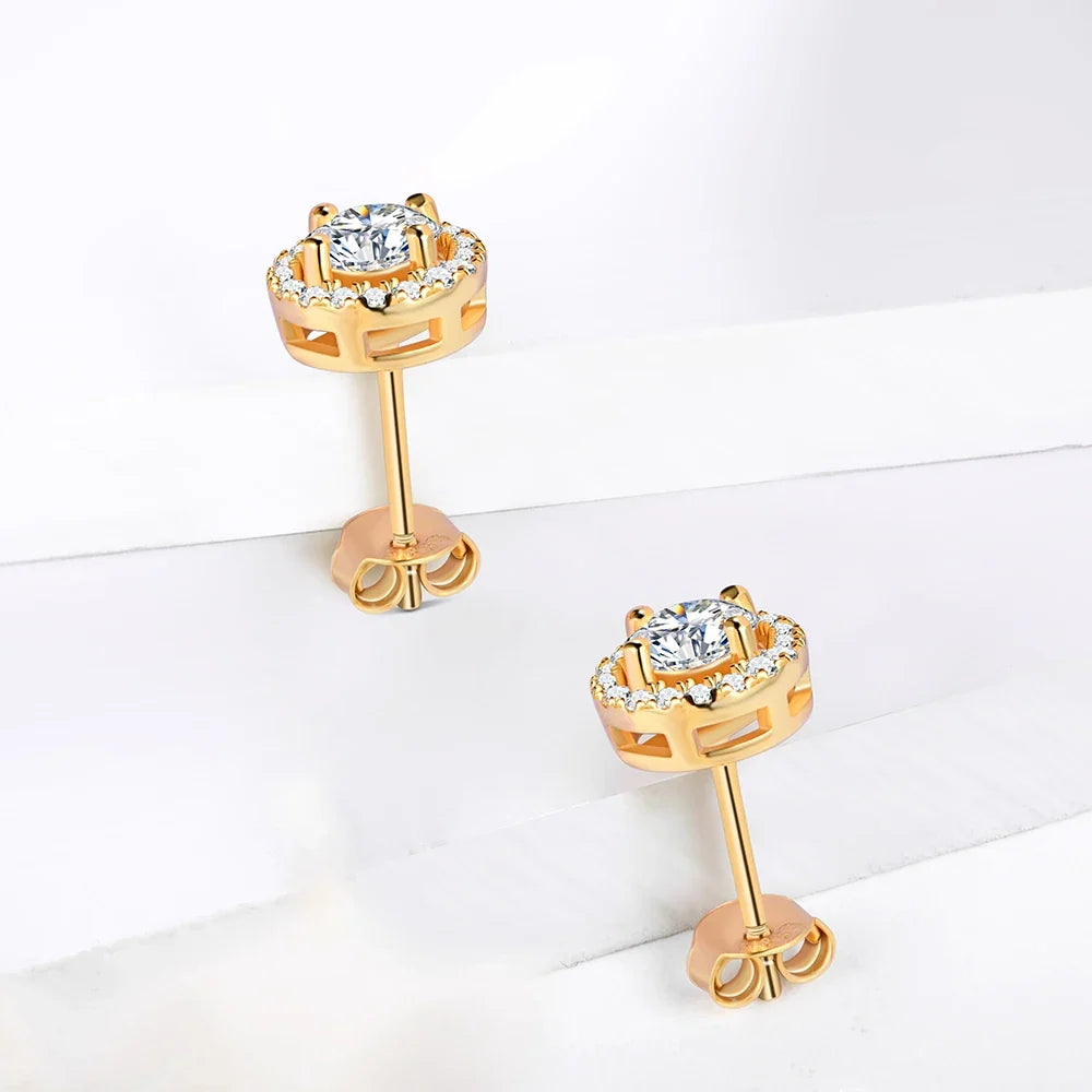 Moissanite Halo Stud Earrings in Gold & Rose Gold Tones
