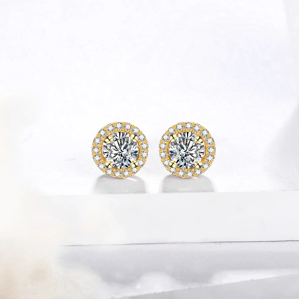 Moissanite Halo Stud Earrings in Gold & Rose Gold Tones