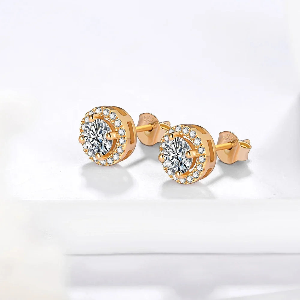 Moissanite Halo Stud Earrings in Gold & Rose Gold Tones