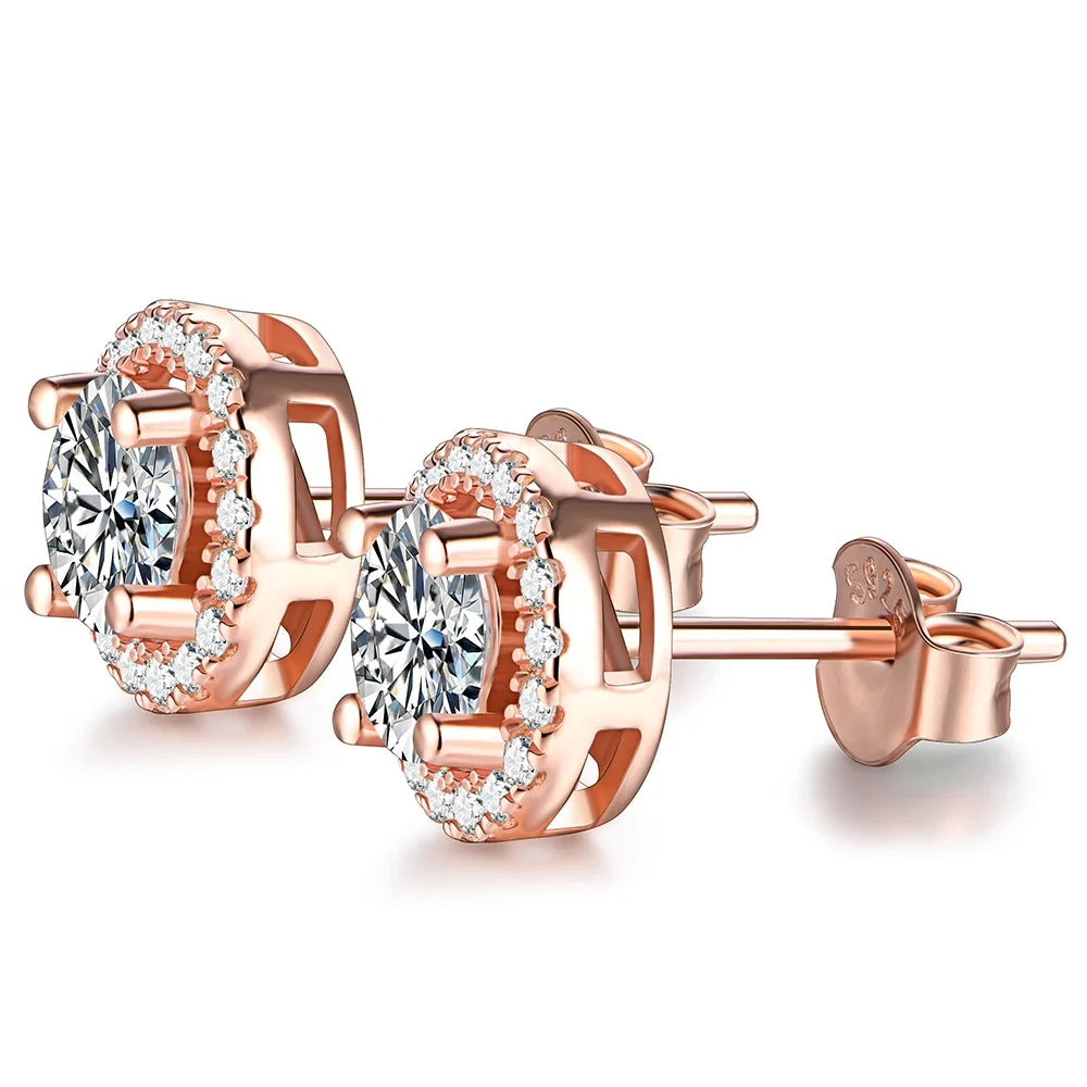 Moissanite Halo Stud Earrings in Gold & Rose Gold Tones