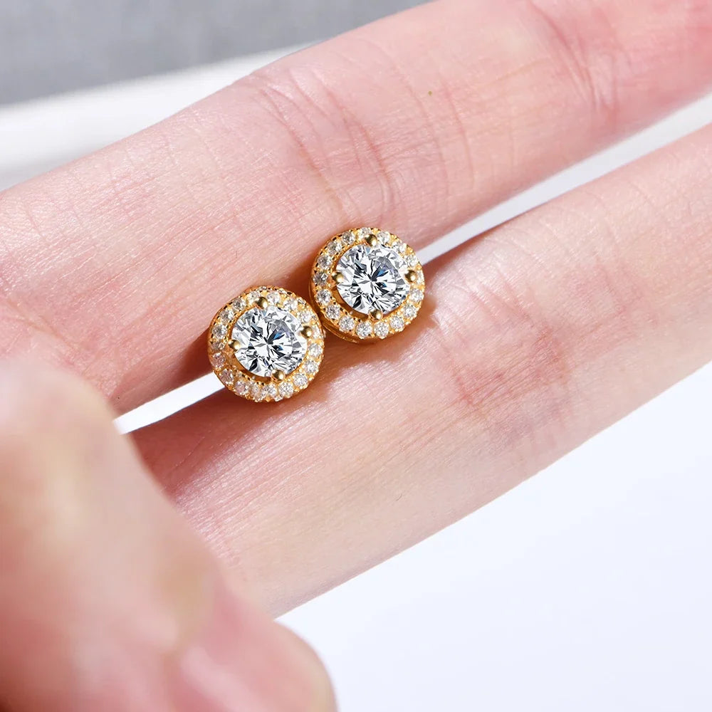 Moissanite Halo Stud Earrings in Gold & Rose Gold Tones
