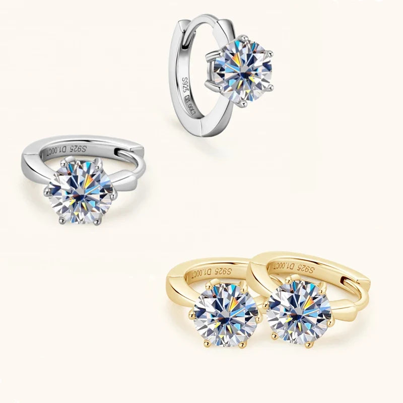 Six-Prong Moissanite Solitaire Hoop Earrings in Silver