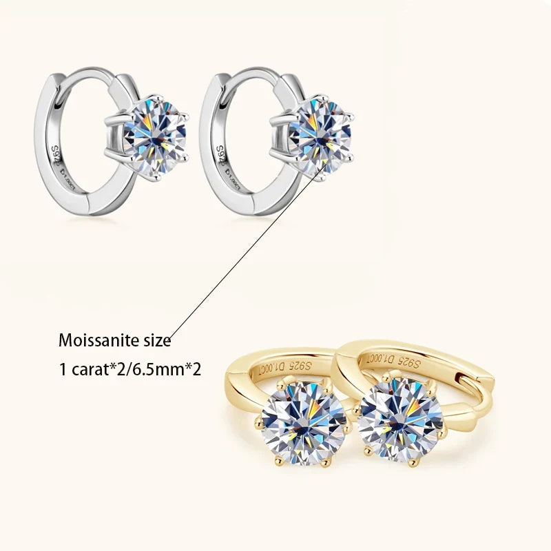 Six-Prong Moissanite Solitaire Hoop Earrings in Silver