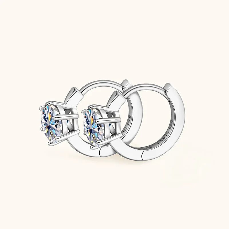 Six-Prong Moissanite Solitaire Hoop Earrings in Silver