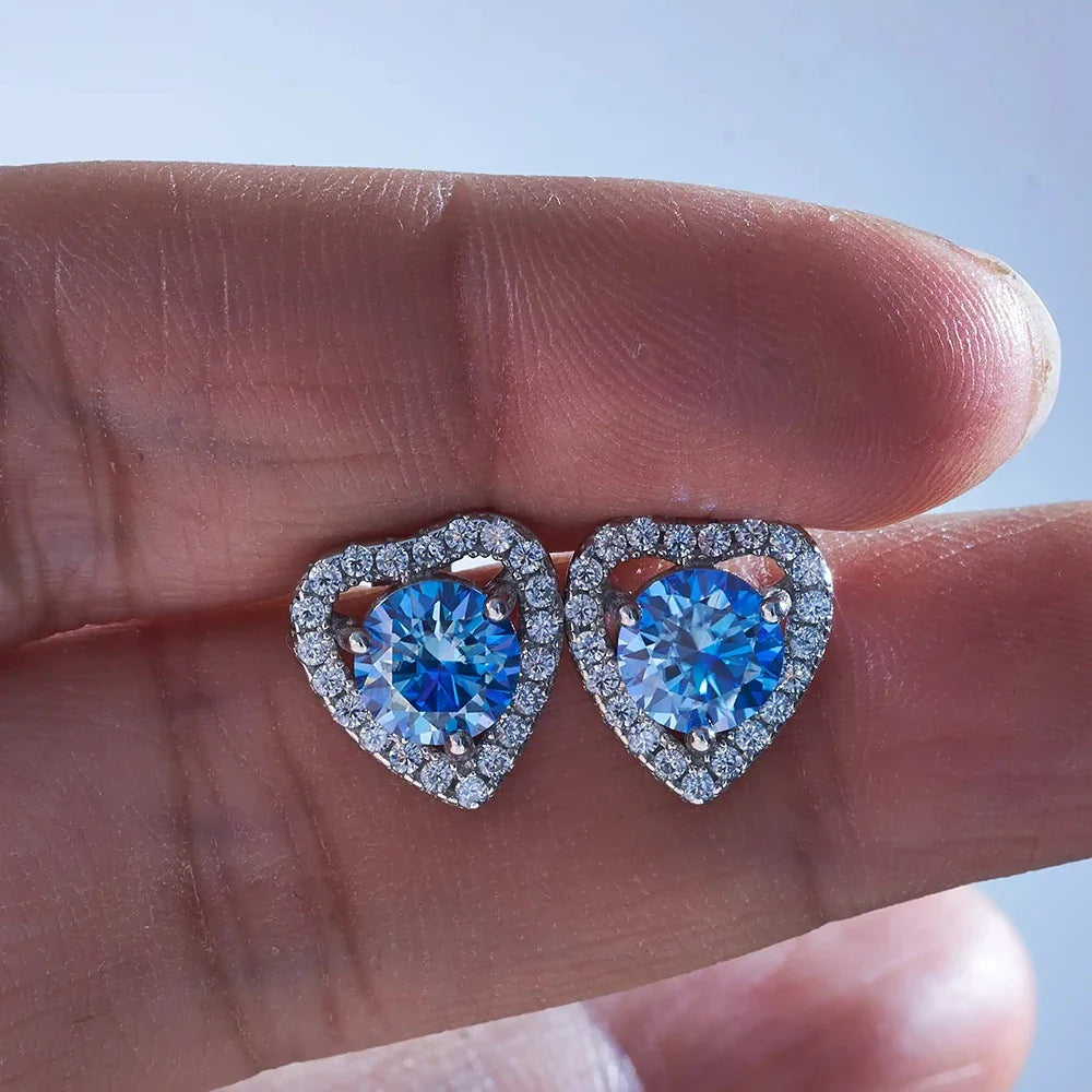 Moissanite Heart Halo Stud Earrings in Sterling Silver