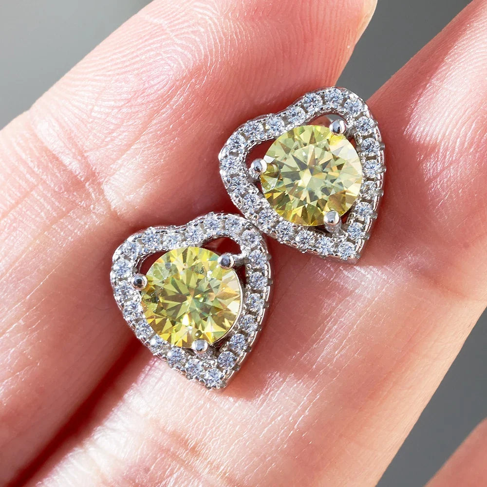 Moissanite Heart Halo Stud Earrings in Sterling Silver