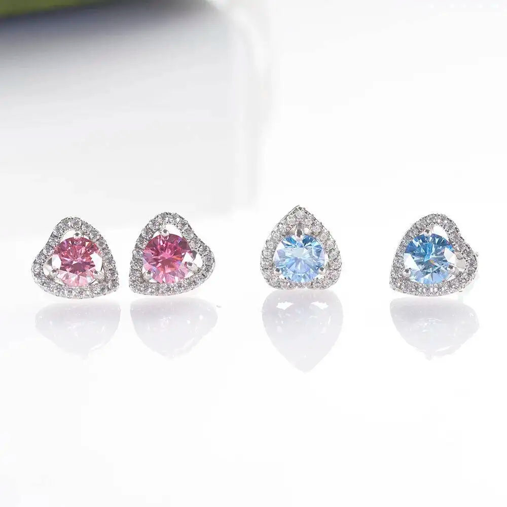 Moissanite Heart Halo Stud Earrings in Sterling Silver