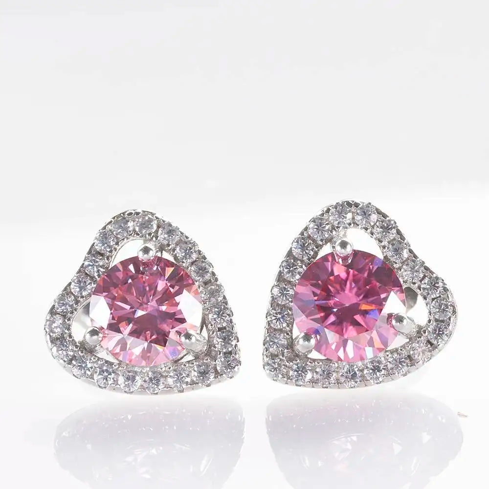 Moissanite Heart Halo Stud Earrings in Sterling Silver
