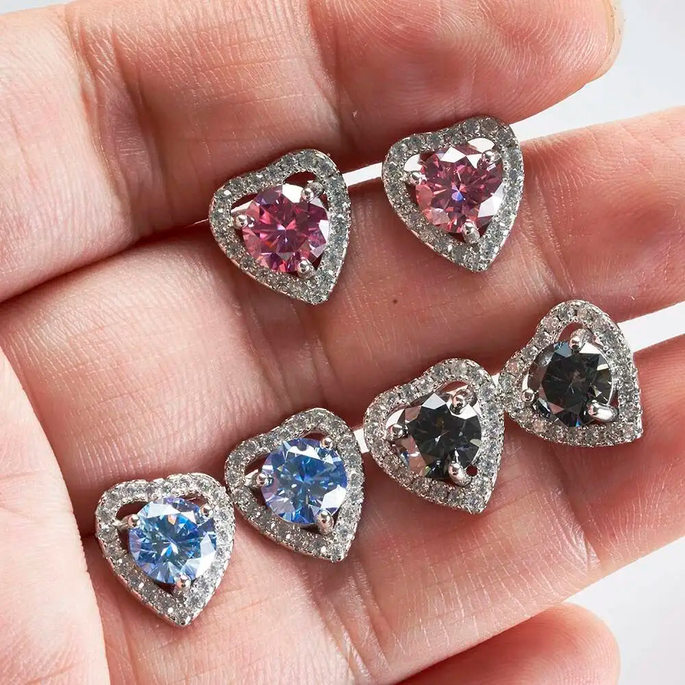 Moissanite Heart Halo Stud Earrings in Sterling Silver